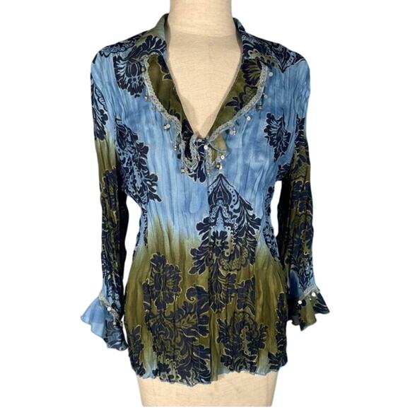 Vintage Y2k Bohemian Print Crinkle Blouse Beaded Ruffle Whimsygoth Large Boho - Picture 2 of 5